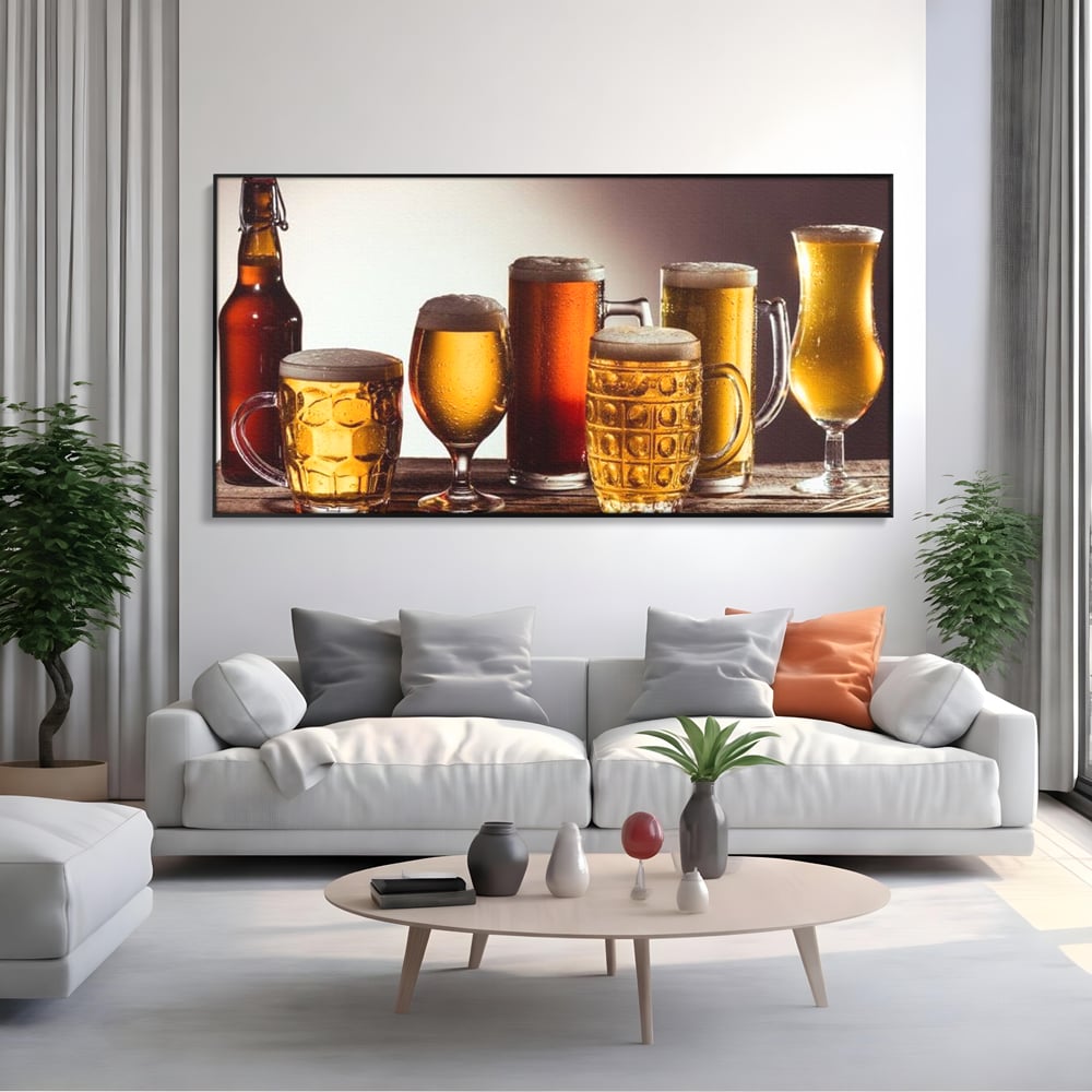 Tablou canvas cu colectie de halbe si pahare cu bere, in rama de aluminiu negru, pe perete intr-un living